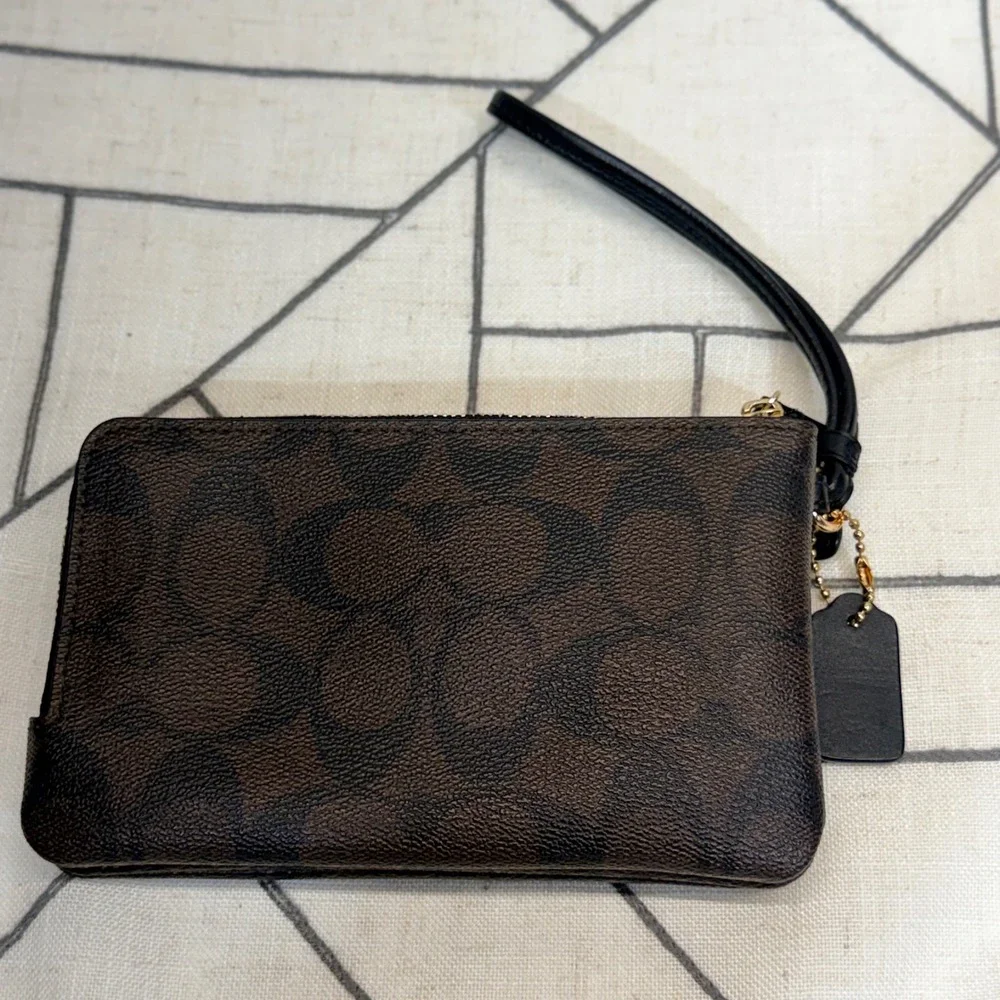 Coach Double Zip Wristlet Small Brown Signature Canvas Monogram Clutch